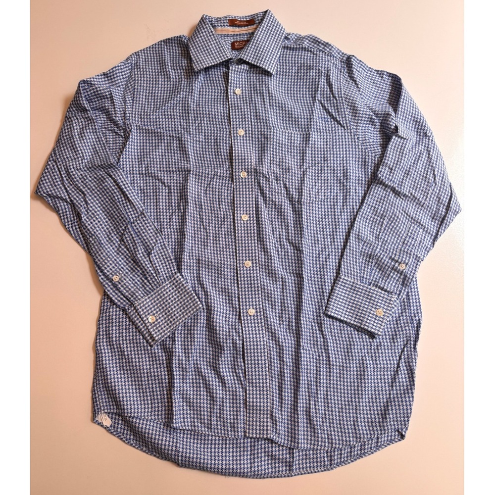 Michael Kors Mens Blue White Houndstooth Cotton Button Down Shirt‎ Long Sleeve L
